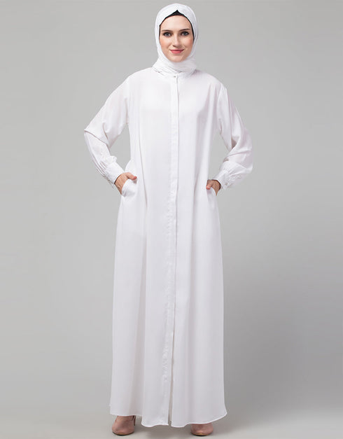 Chic White Hidden Placket front open casual Abaya Close-up View